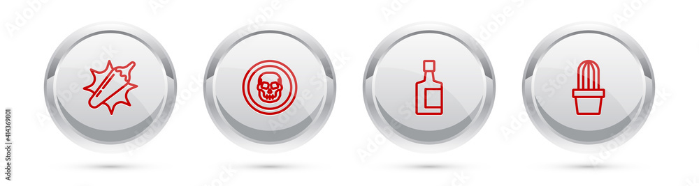 Set line Hot chili pepper pod, Mexican skull coin, Tequila bottle and Cactus or succulent pot. Silver circle button. Vector. Set line Hot chili pepper pod, Mexican skull coin, Tequila bottle and Cactus or succulent pot. Silver circle button. Vector.