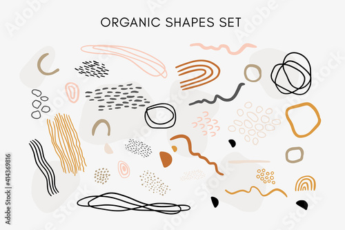 Set of vector hand drawn abstract organic textures, lines, shapes and elements in warm neutral tones with thin irregular black lines.