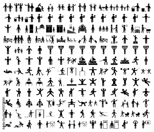 A set of stick figures on the theme of lifestyle, people in a variety of life situations. A set of icons of people in different poses and movements.