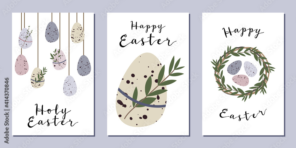 Easter cards. Cute easter egg, nest, branch and leaves. Eco rustic decoration. Vector flat cartoon illustration. Perfect for poster, print, card, invitation, greeting, tag