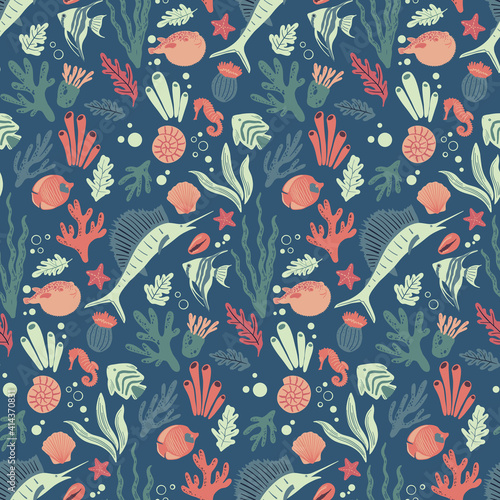 Vector seamless marine pattern with fish, coral, shell, starfish. Ocean lofe and sea creatures or animals. Nautical background