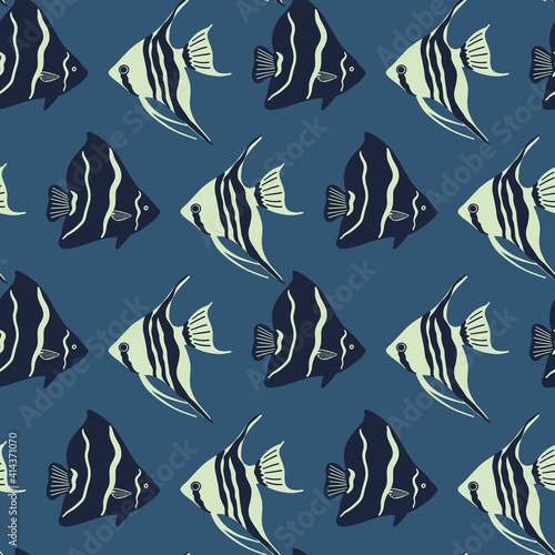 Vector seamless marine pattern with fish, coral, shell, starfish. Ocean lofe and sea creatures or animals. Nautical background
