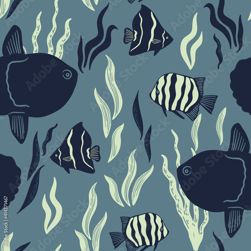 Vector seamless marine pattern with fish, coral, shell, starfish. Ocean lofe and sea creatures or animals. Nautical background
