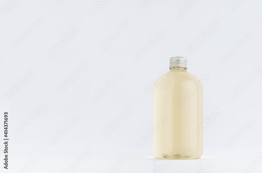 Transparent plastic low thick bottle with pale fresh drink or cosmetic essential oil with silver cap mockup on white background, template, copy space. Transparent plastic low thick bottle with pale fresh drink or cosmetic essential oil with silver cap mockup on white background, template, copy space.