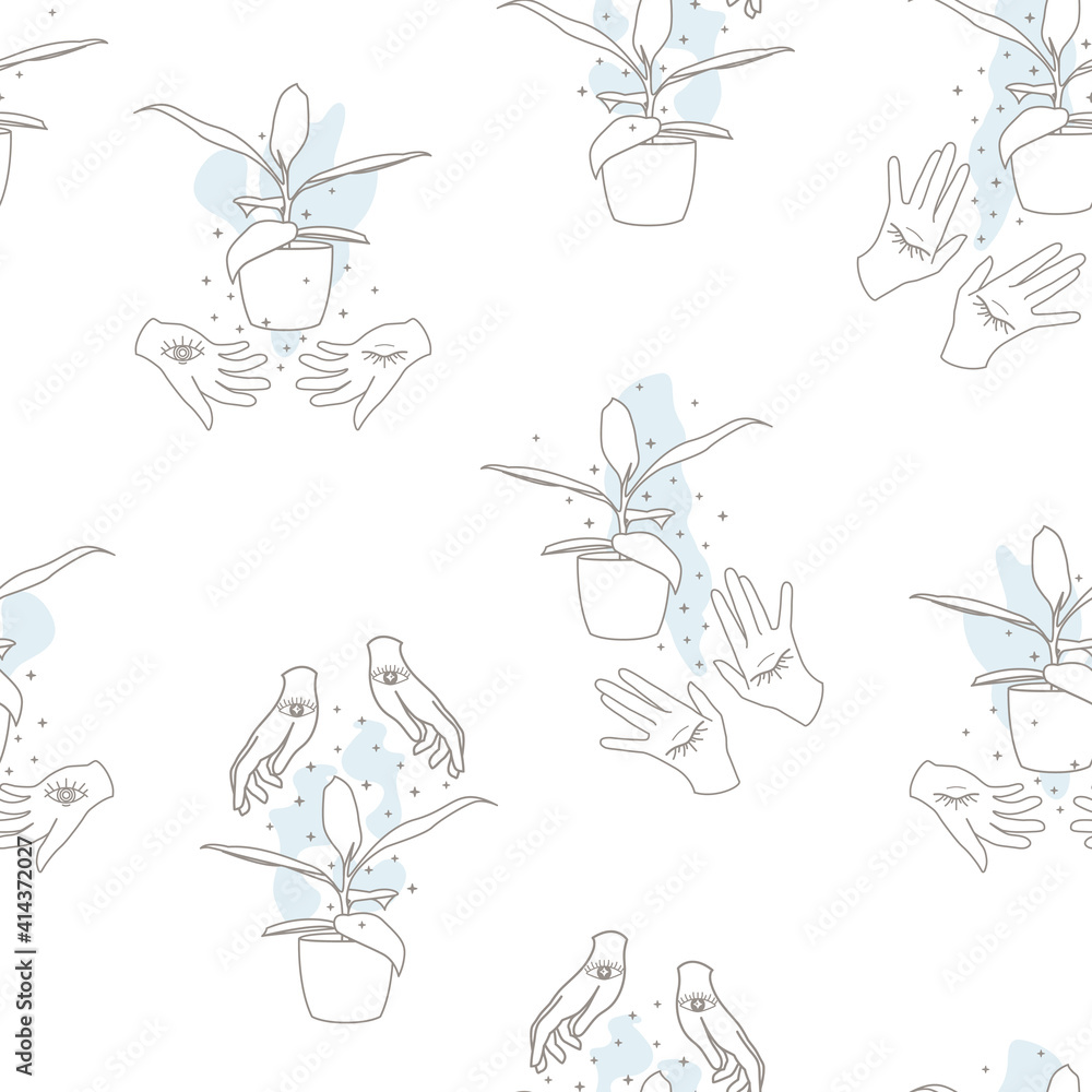 Vector Magical House Plant Care Lineart on White seamless pattern background. Perfect for fabric, wallpaper and scrapbooking projects.