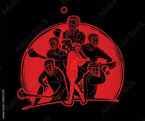 Irish Hurley Sport. Group of Hurling Sport Players Action. Cartoon Graphic Vector