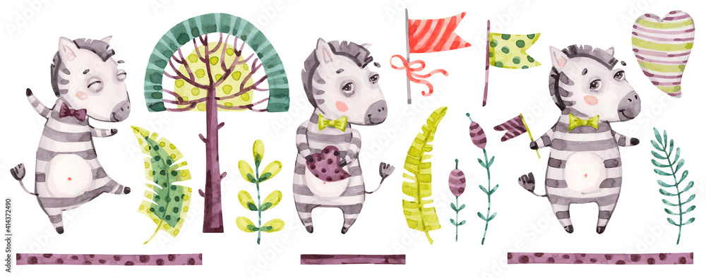 Baby cute zebra boy. Vector Watercolor nursery cartoon jungle animals horse, tropical trees, leaves. Adorable Nurseries safari set isolated on white background. Hand painted watercolour baby clip art