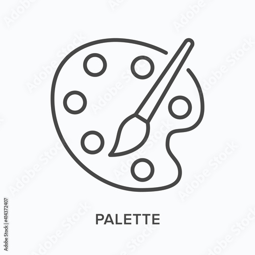 Palette flat line icon. Vector outline illustration of paintbrush and artist tool. Black thin linear pictogram for painter equipment