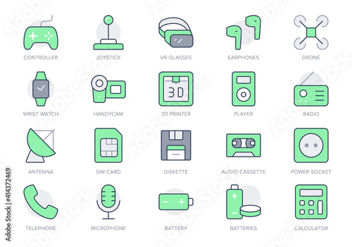 Electronic devices simple line icons. Vector illustration with minimal icon - joystick, controller, vr glasses, drone, camera, 3d printer, retro technology. Green Color. Editable Stroke