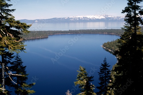 panoramic view of Fallen Leaf and lake Tahoe, CA on a gorgeous summer day