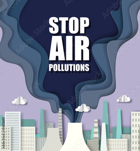 Paper cut craft style city skyline, smoke from air polluting factory chimney or thermal power plant. Stop air pollution vector poster template. Environmental problems, ecology.