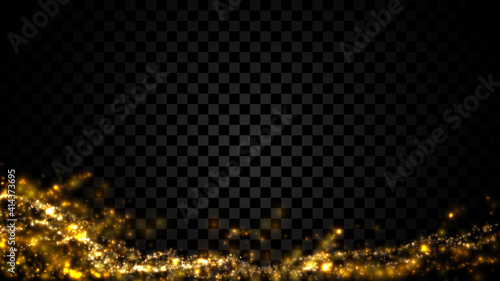 Gold particle dust isolated on dark transparent background. Defocused glitter light texture.