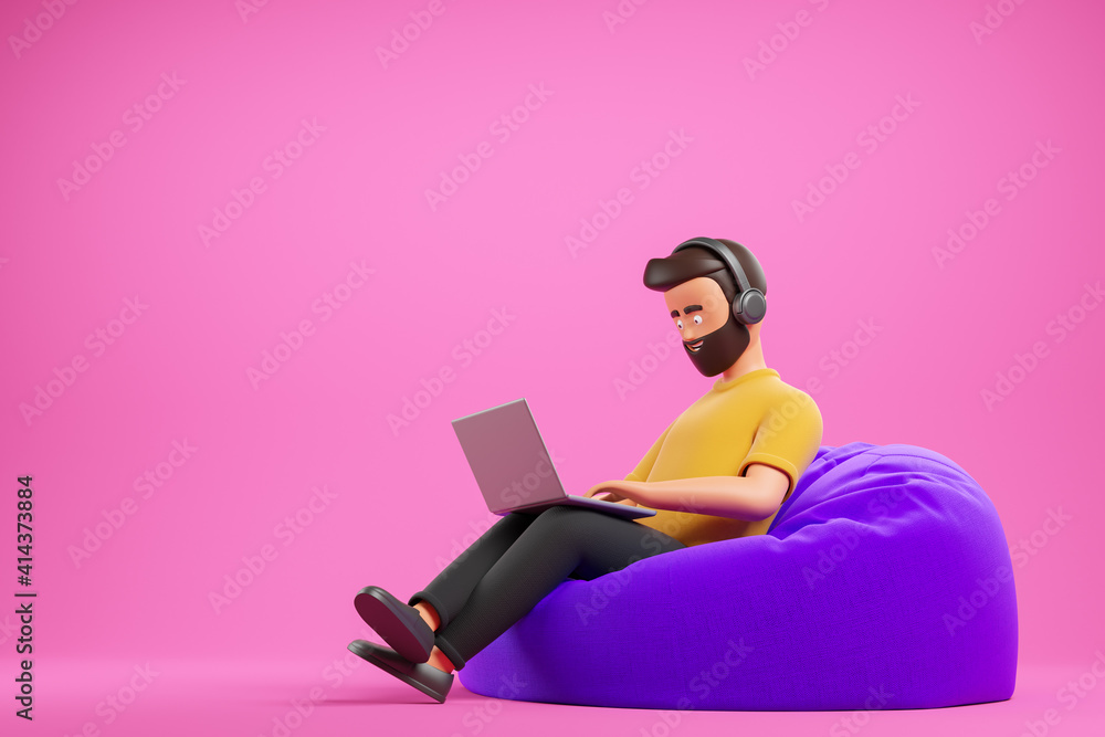 Handsome beard cartoon character man in yellow t-shirt with headphones work  with laptop at purple bean bag armchair over pink background. Stock  Illustration | Adobe Stock
