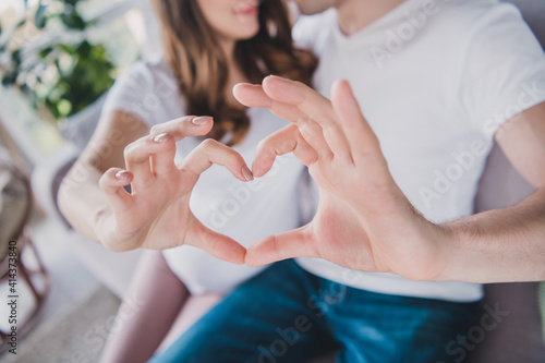Cropped portrait of two persons hold fingers show heart shape wear stylish white shirt free time weekend home indoors