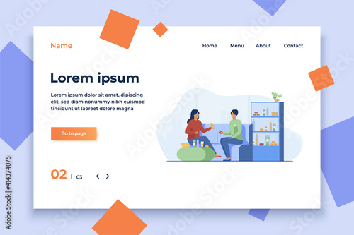 Smiling girl choosing cosmetics and skincare cream. Consultant, client, conversation flat vector illustration. Communication and make-up store concept for banner, website design or landing web page
