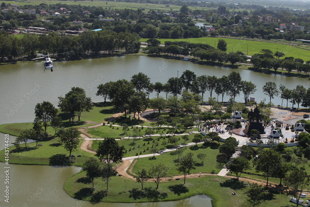 Ancient temple, Ayutthaya Province, Thailand, bird's-eye view from helicopter