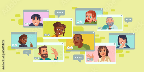 Video conference screen with group of people. Online communication of team or friends, virtual business meeting, conversation on webinar or course. Vector cartoon videoconference