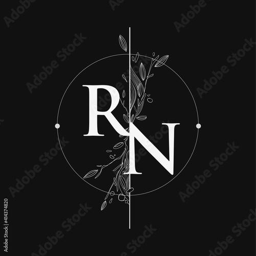 Letter RN Initial Logo with Hand Draw Floral, Initial Wedding Font Logo with Circle and Flowers. photo