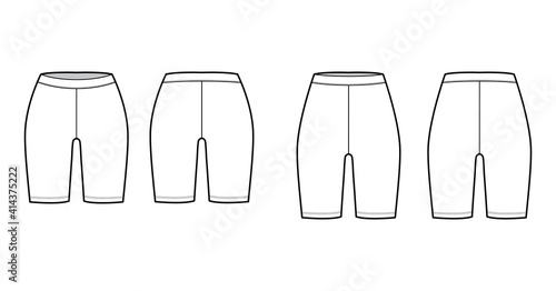 Set of Bike shorts technical fashion illustration with normal  low waist  high rise  thigh length. Flat sport pants  casual knit trousers apparel template front  back white color. Women men CAD mockup