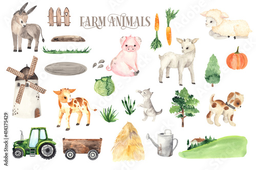 Watercolor Farm Animals elements with cute little donkey, pig, goat, sheep, cow, cat, dog, mill, tractor
