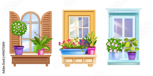 Vintage house window vector set with casements, flowerpots, blossom home plants, sills, frames. Architecture exterior facade retro elements isolated on white. Vintage window spring floral collection