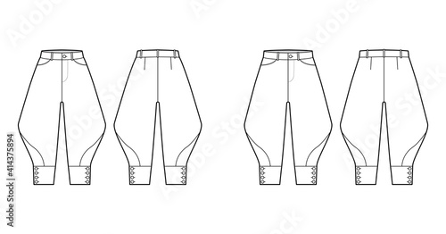 Set of Riding breeches shorts pants technical fashion illustration with knee length  low waist  rise  curved pocket  buttoned. Flat bottom template front  back  white color style. Women men CAD mockup