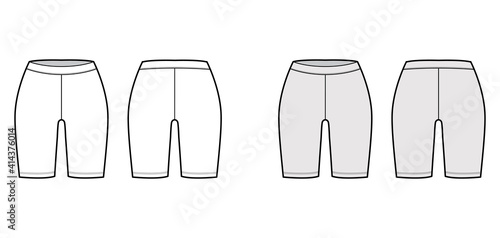 Bike shorts technical fashion illustration with low waist, rise, thigh length. Flat sport training pants, casual knit trousers apparel template front back white grey color. Women men unisex CAD mockup