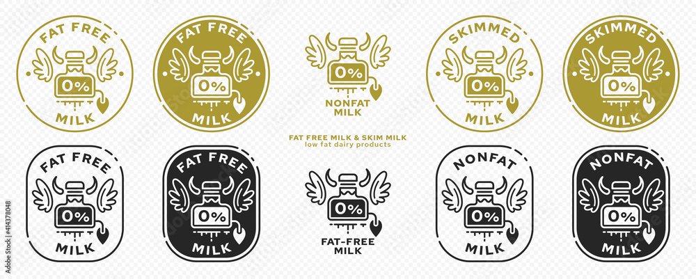 Concept for product packaging. Labeling - Skim milk. Milk can-cow with wings - symbol of freedom from the ingredient. 0% fat in dairy products. Vector set.	