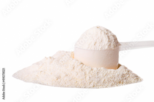 Heap of white protein powder photo