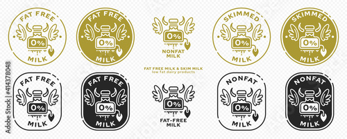 Concept for product packaging. Labeling - Skim milk. Milk can-cow with wings - symbol of freedom from the ingredient. 0% fat in dairy products. Vector set.	 photo