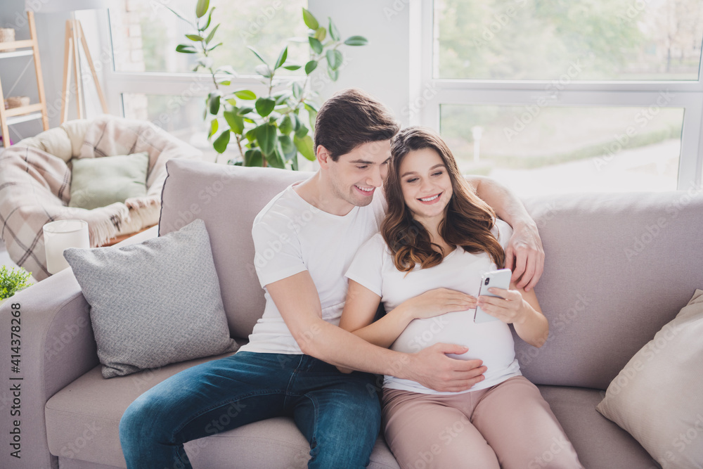 Obraz premium Portrait of tender cheerful couple waiting baby sitting on divan using device browsing blog app in light house flat indoor