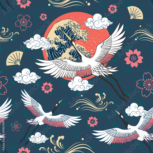 Seamless Japanese Repeat Pattern Colorful Theme with Flying Cranes with The Sun, Torrential Wave Graphic and Different Cloud Shape on  Diamond Pattern Background Template Design for Wrapping Paper