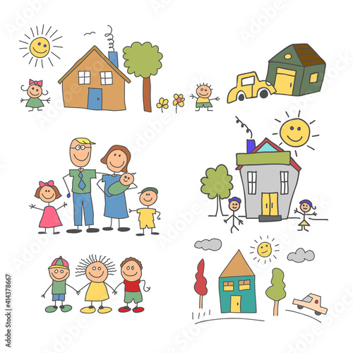 set of element happy family doodle colorful. Family life and household set