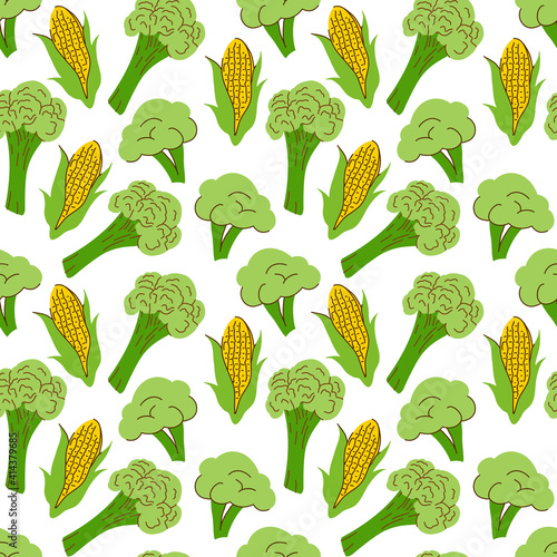 vegetable pattern with composition Corn cobs and broccoli element . Perfect for food background, wallpaper, textile. Vector illustration