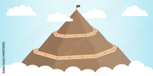 Path to top of mountain. Mountain peak climbing with flag and cloud.