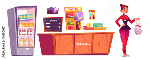 Konbini, convenience store furniture and woman seller isolated on white background. Vector cartoon set of open 24 hours shop, japanese supermarket with cashier, grocery, wooden counter and fridge