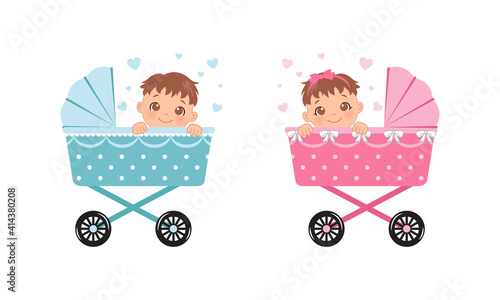 Cute baby girl and boy in a stroller. Baby gender reveal decoration. Flat vector design.