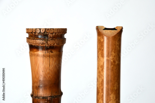 "Shakuhachi flute" on white background. Shakuhachi is Japanese bamboo flute.