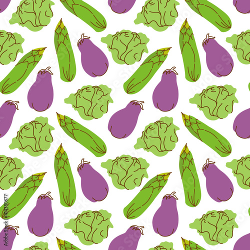 Fototapeta Naklejka Na Ścianę i Meble -  Seamless pattern vegetables with elements of eggplant, corn, cabbage Vector illustration