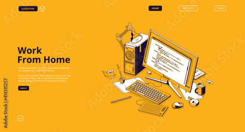 Work from home isometric landing page, programmer workspace, domestic office, freelancer table with computer monitor with coding data, coffee and stationery on desk , 3d vector line art web banner