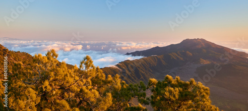 tranquil scenic view over the Mountain ridge of La Palma, Canary Islands at sunset