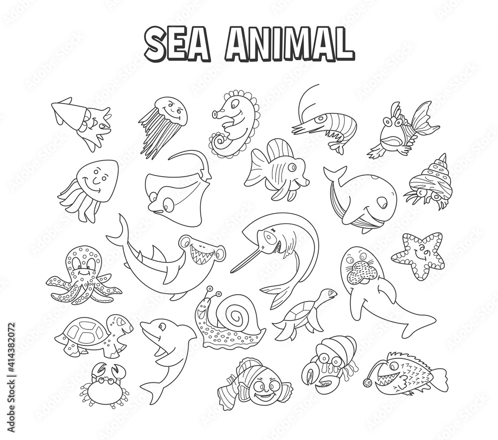 set of element doodle sea animal. Set of sea animal set of element doodle sea animal. Set of sea animal