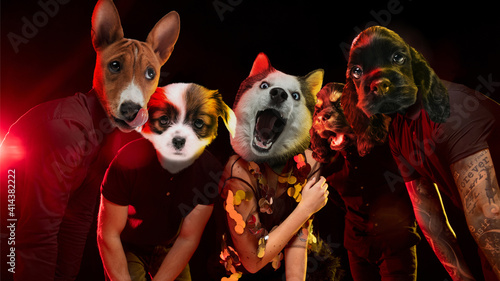 Rockstars band. Talented dogs, professional musicians performing on dark background in neon light. Concept of music, hobby, festival, contemporary art collage. Modern design. Copyspace.