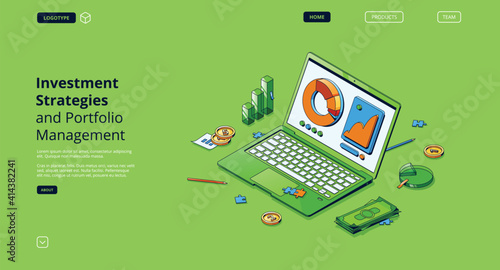 Investment strategies and portfolio management isometric landing page. Laptop with data graphs and charts, coins and money bills. Income calculation, earning analysis 3d vector line art web banner