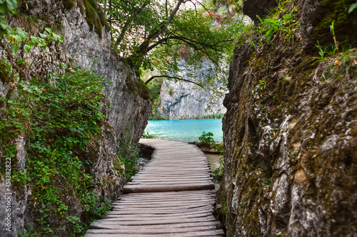 Wooden path along the lake in the Plitvice Lakes National Park.