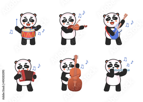 Set of cute panda characters playing on various music instruments. Kawaii panda with drums  violin  guitar  accordion  double bass  flute. Vector illustration