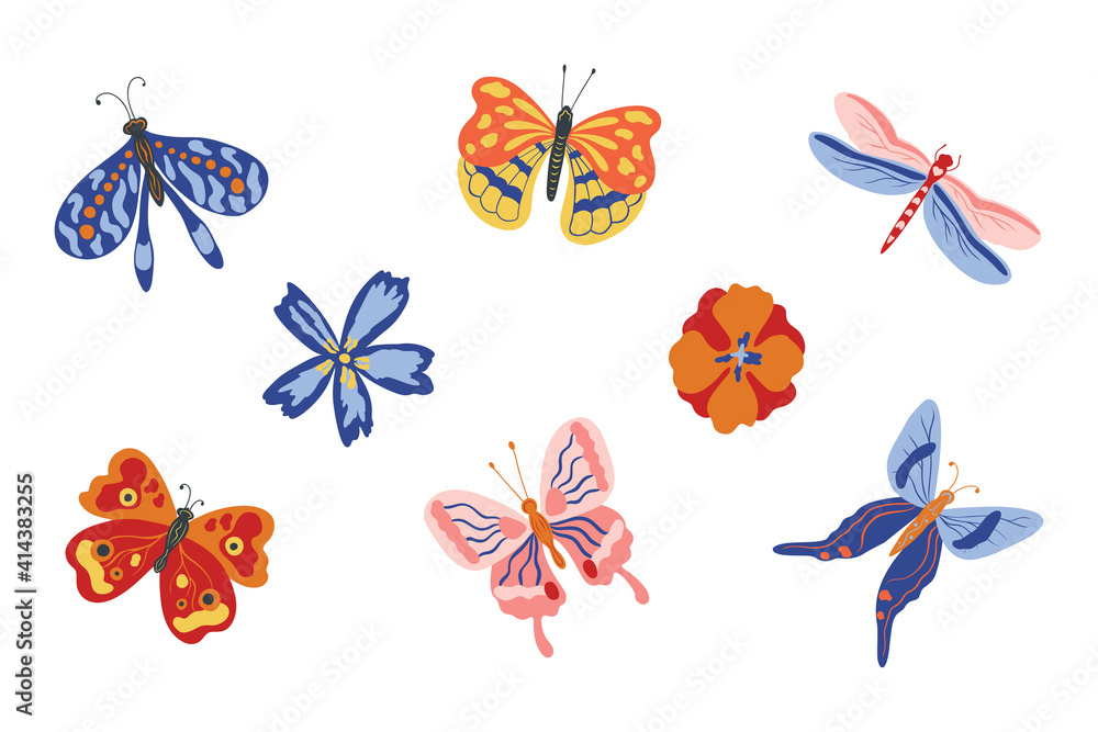 Fototapeta premium Spring flowers and butterflies. Collection of colorful exotic butterflies moths and dragonfly isolated on white background. Set of summer hand drawn flying insects