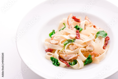 tagliatelle pasta with chicken, mushrooms and sun-dried tomatoes on a white plate on a withe background. close-up. photo for clipping. for the menu