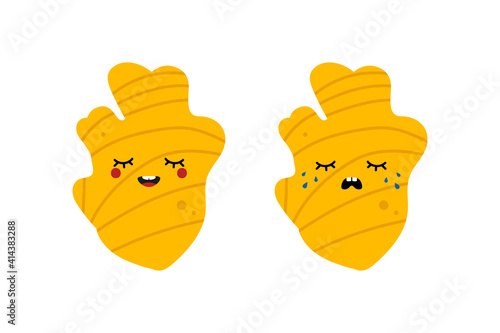 Cute cartoon style ginger roots characters, happy smiling and sad crying.