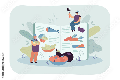 Tiny chefs cooking healthy food according to recipe book, preparing fresh ingredients for organic meal menu. Vector illustration for restaurant menu, healthy eating, culinary concept